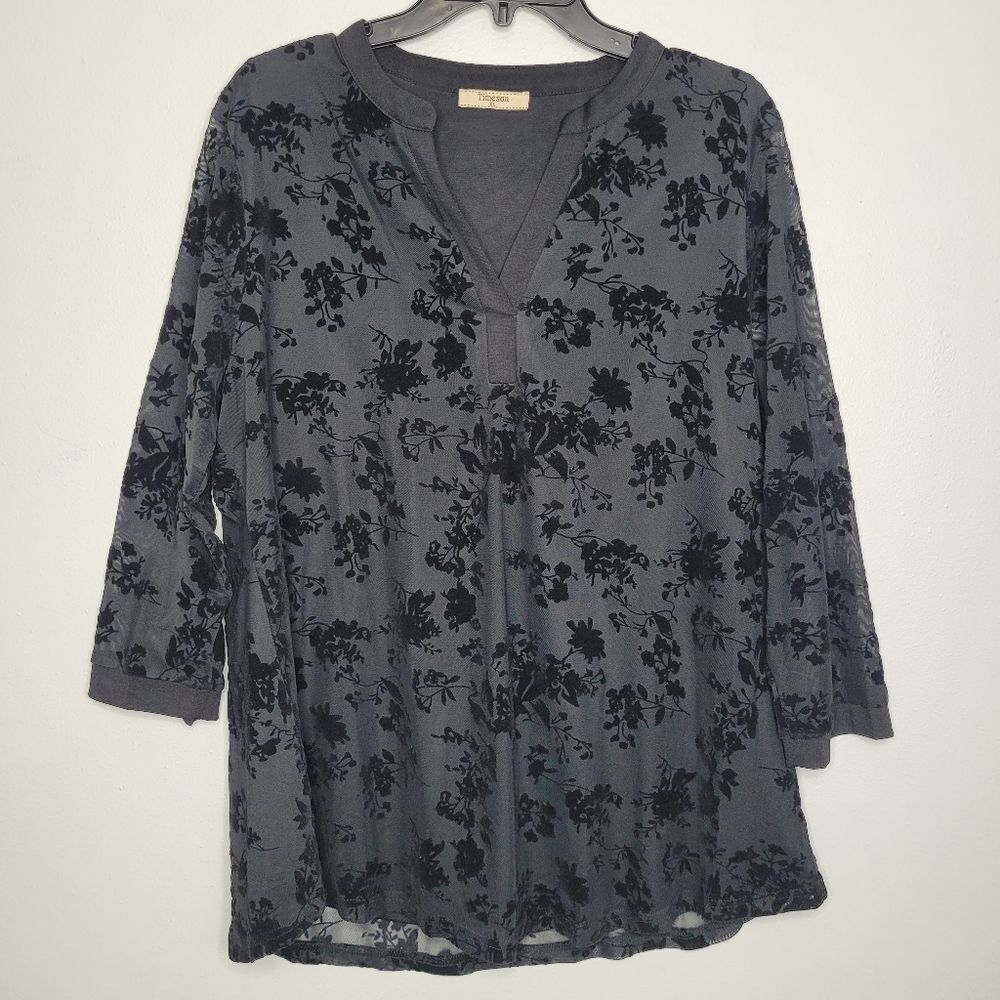 Timeson black velvet embossed floral semi sheer sleeves split collar top size xl